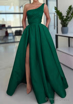 A Line Sleeveless One Shoulder Long Floor Length Satin Prom Dresses With Split Ruffles Pockets