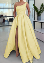 A Line Sleeveless One Shoulder Long Floor Length Satin Prom Dresses With Split Ruffles Pockets