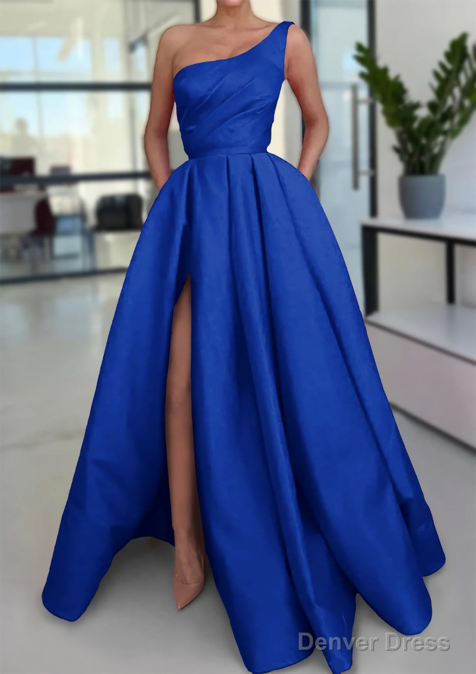A Line Sleeveless One Shoulder Long Floor Length Satin Prom Dresses With Split Ruffles Pockets