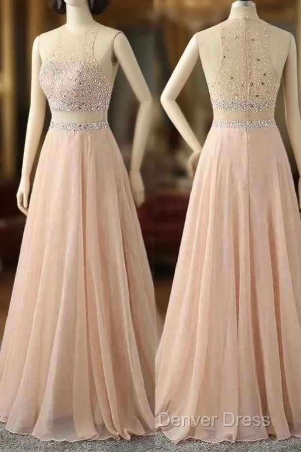 A Line Sleeveless Rhinestone Chiffon Long Prom Dresses Floor Length Sparkly Main image