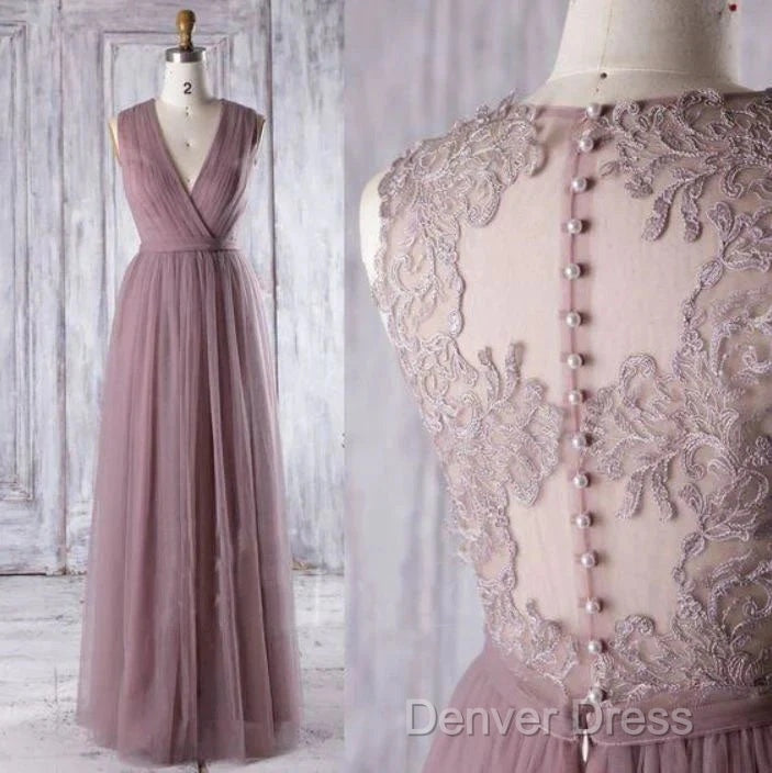 A Line Sleeveless Tulle Sheath V Neck Tulle Lace Bridesmaid Dresses Secondary image