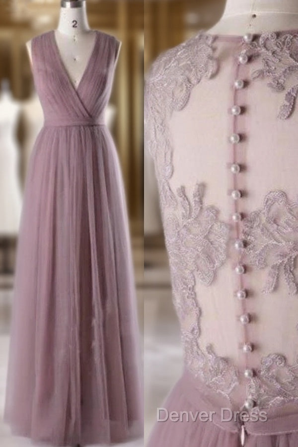 A Line Sleeveless Tulle Sheath V Neck Tulle Lace Bridesmaid Dresses Main image
