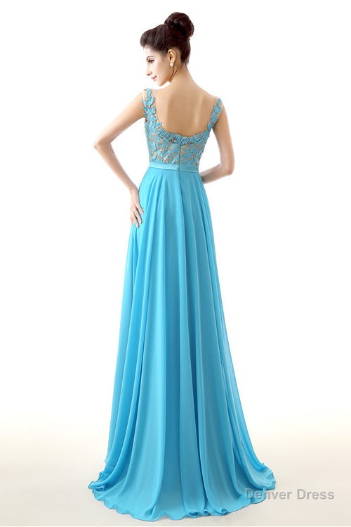 A Line Sleeves Chiffon Lace Backless Long Prom Dresses