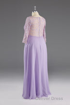 Lilac A Line 3 4 Sleeves Scoop Lace Prom Dresses