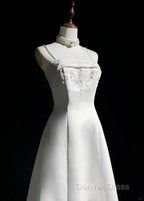 A-Line Spaghetti Strap Beaded Satin Long Prom Dresses White Wedding Dresses Graduation Prom Dresses