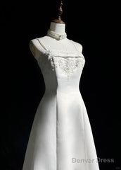 A-Line Spaghetti Strap Beaded Satin Long Prom Dress White Wedding Dress Graduation Prom Dress