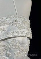 A-Line Spaghetti Strap Beaded Satin Long Prom Dresses White Wedding Dresses Graduation Prom Dresses