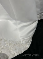 A-Line Spaghetti Strap Beaded Satin Long Prom Dresses White Wedding Dresses Graduation Prom Dresses