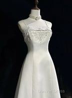 A-Line Spaghetti Strap Beaded Satin Long Prom Dresses White Wedding Dresses Graduation Prom Dresses