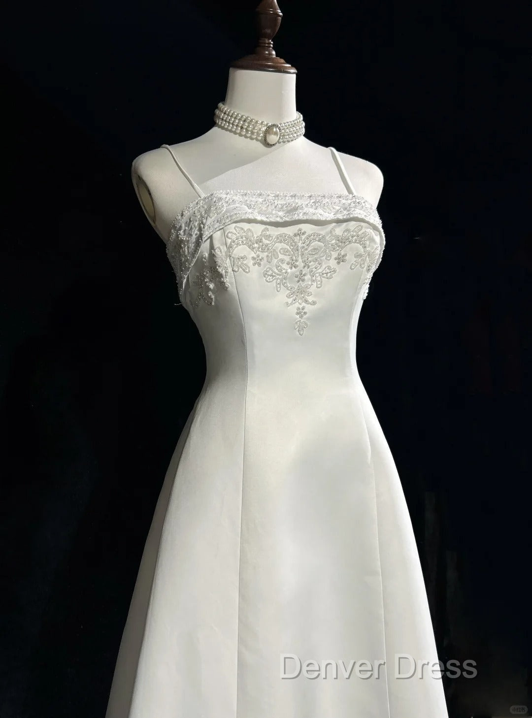 A-Line Spaghetti Strap Beaded Satin Long Prom Dresses White Wedding Dresses Graduation Prom Dresses