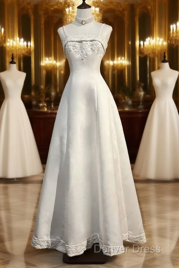 A-Line Spaghetti Strap Beaded Satin Long Prom Dresses White Wedding Dresses Graduation Prom Dresses Main image