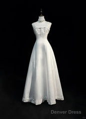 A-Line Spaghetti Strap Beaded Satin Long Prom Dress White Wedding Dress Graduation Prom Dress