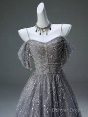 A-Line Spaghetti Strap Mesh Sequin Long Prom Dress Graduation Prom Adult Ceremony Dress