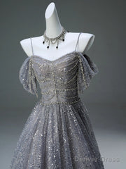 A-Line Spaghetti Strap Mesh Sequin Long Prom Dress Graduation Prom Adult Ceremony Dress