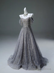 A-Line Spaghetti Strap Mesh Sequin Long Prom Dress Graduation Prom Adult Ceremony Dress