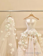 A-Line Spaghetti Strap Satin Long Prom Dress, Beautiful Applique Wedding Dress