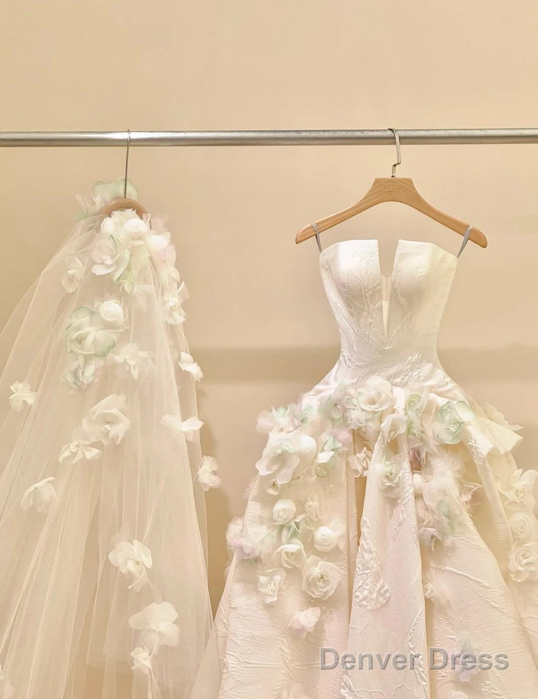 A-Line Spaghetti Strap Satin Long Prom Dress, Beautiful Applique Wedding Dress