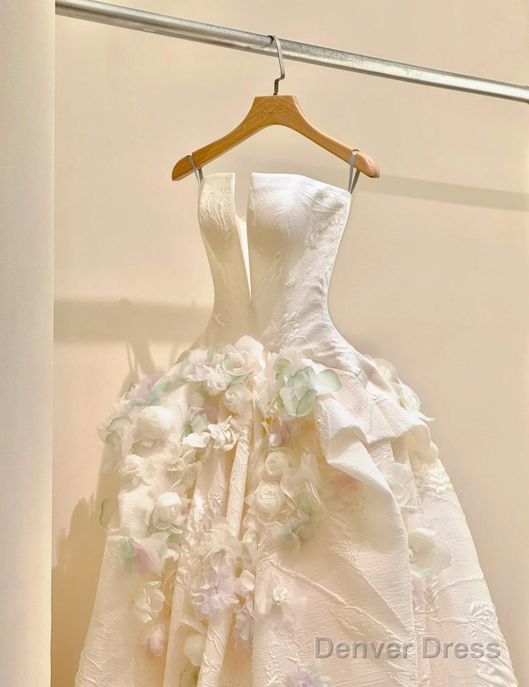 A Line Spaghetti Strap Satin Long Prom Dress, Beautiful Applique Wedding Dresses