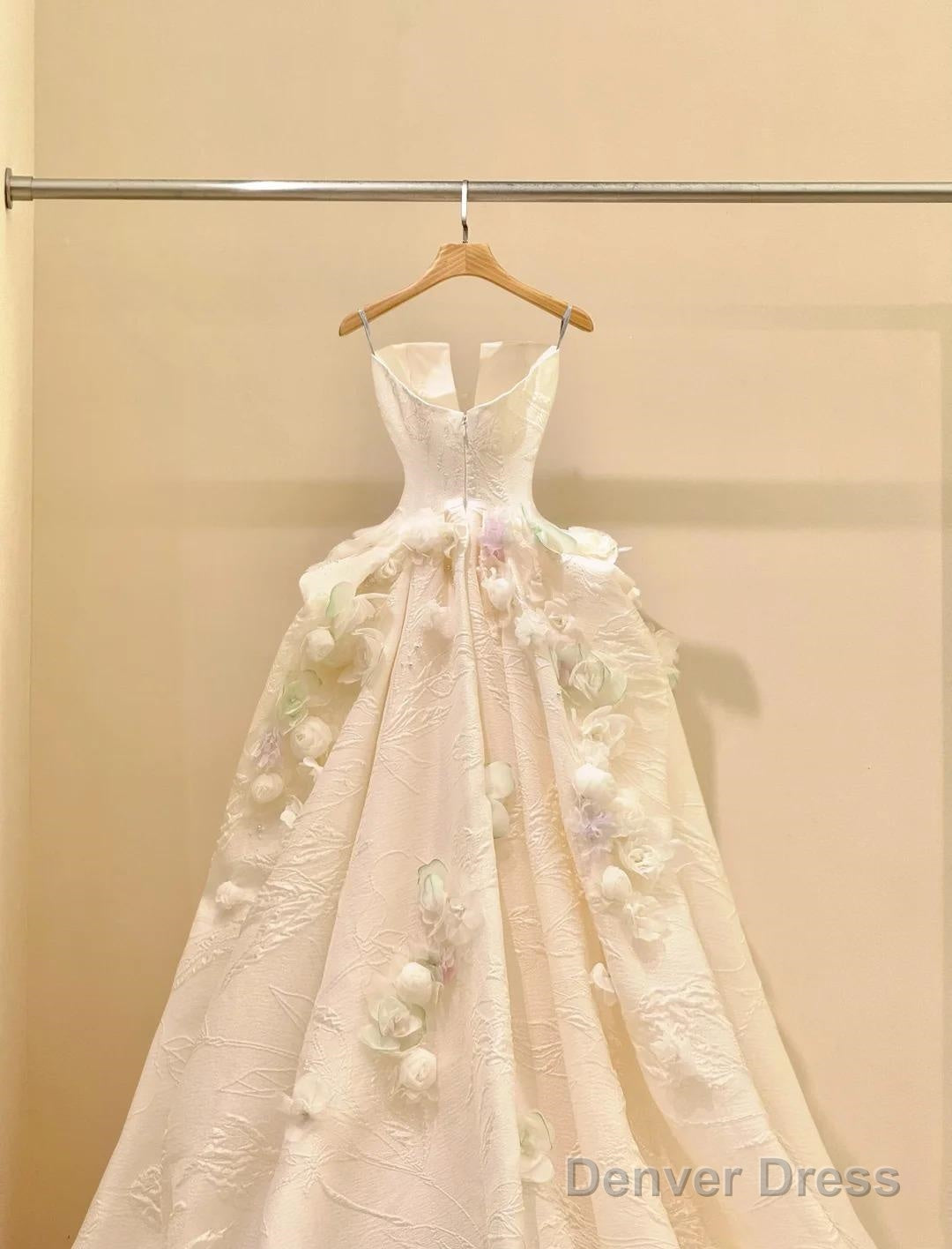 A-Line Spaghetti Strap Satin Long Prom Dress, Beautiful Applique Wedding Dress