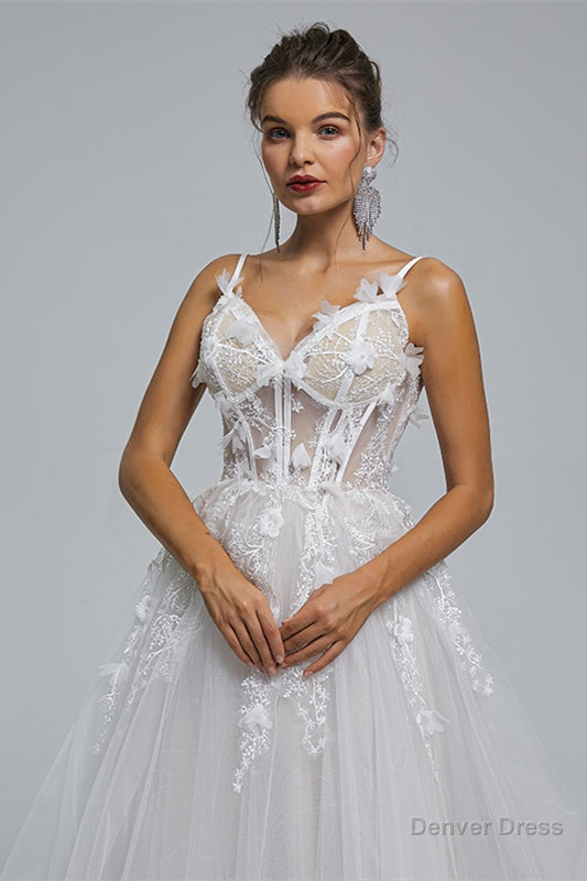A Line Spaghetti Strap Sweetheart Tulle Applique Floor Length Sleeveless Wedding Dresses Main image