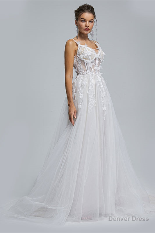 A Line Spaghetti Strap Sweetheart Tulle Applique Floor Length Sleeveless Wedding Dresses Secondary image