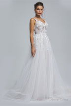 A Line Spaghetti Strap Sweetheart Tulle Applique Floor Length Sleeveless Wedding Dresses