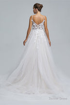 A Line Spaghetti Strap Sweetheart Tulle Applique Floor Length Sleeveless Wedding Dresses