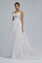 A Line Spaghetti Strap Sweetheart Tulle Applique Floor Length Sleeveless Wedding Dresses