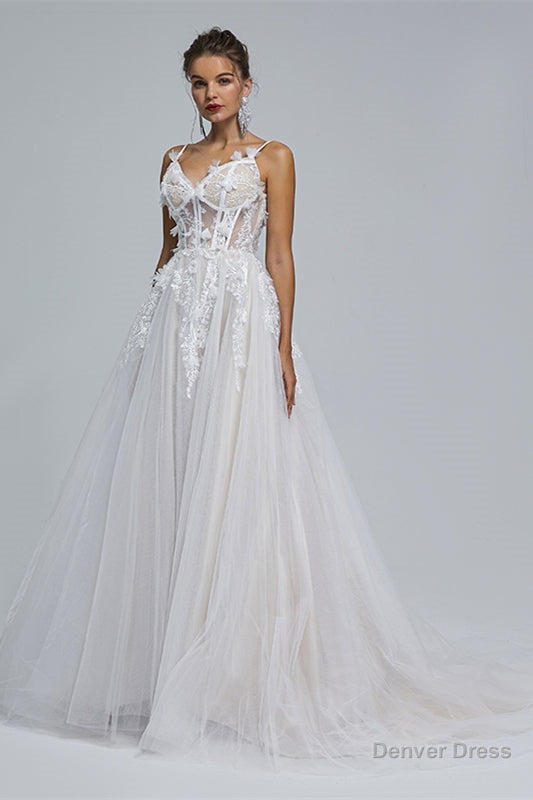 A Line Spaghetti Strap Sweetheart Tulle Applique Floor Length Sleeveless Wedding Dresses