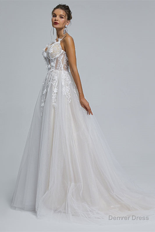 A Line Spaghetti Strap Sweetheart Tulle Applique Floor Length Sleeveless Wedding Dresses