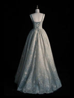 Chic Spaghetti Straps A-Line Embroidery Satin Tulle Long Prom Dress,Sweet 16 Dresses With Appliqué