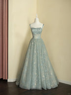Chic Spaghetti Straps A-Line Embroidery Satin Tulle Long Prom Dress,Sweet 16 Dresses With Appliqué