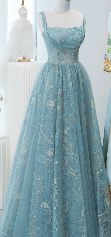 Chic Spaghetti Straps A-Line Embroidery Satin Tulle Long Prom Dress,Sweet 16 Dresses With Appliqué