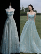Chic Spaghetti Straps A-Line Embroidery Satin Tulle Long Prom Dress,Sweet 16 Dresses With Appliqué