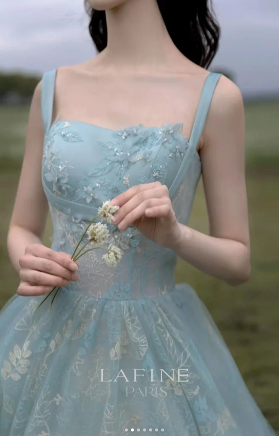 Chic Spaghetti Straps A-Line Embroidery Satin Tulle Long Prom Dress,Sweet 16 Dresses With Appliqué