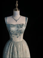 Chic Spaghetti Straps A-Line Embroidery Satin Tulle Long Prom Dress,Sweet 16 Dresses With Appliqué