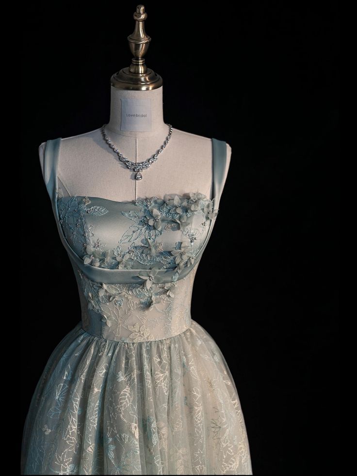 Chic Spaghetti Straps A-Line Embroidery Satin Tulle Long Prom Dress,Sweet 16 Dresses With Appliqué