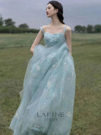 Chic Spaghetti Straps A-Line Embroidery Satin Tulle Long Prom Dress,Sweet 16 Dresses With Appliqué