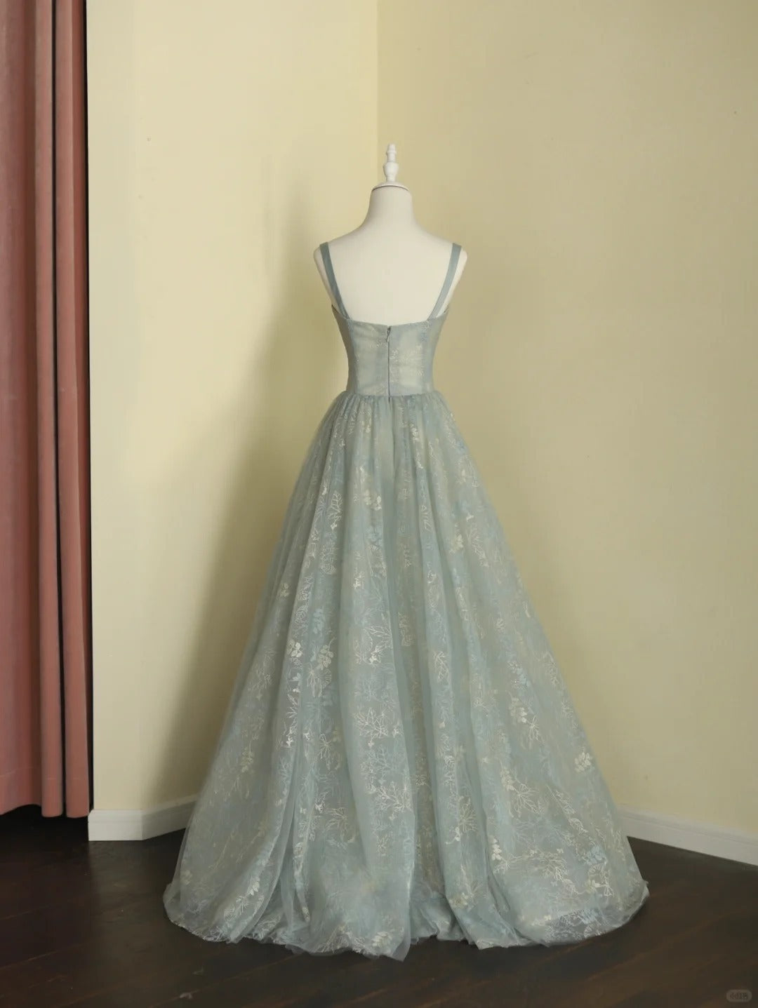 Chic Spaghetti Straps A-Line Embroidery Satin Tulle Long Prom Dress,Sweet 16 Dresses With Appliqué