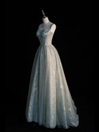Chic Spaghetti Straps A-Line Embroidery Satin Tulle Long Prom Dress,Sweet 16 Dresses With Appliqué