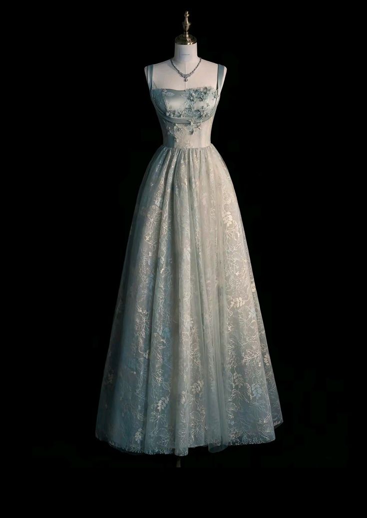Chic Spaghetti Straps A-Line Embroidery Satin Tulle Long Prom Dress,Sweet 16 Dresses With Appliqué