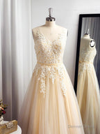 A Line Spaghetti Straps Appliques Lace Floor Length Tulle Dresses