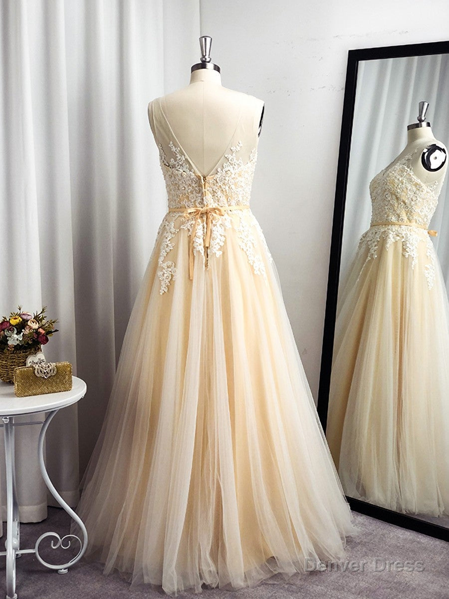 A Line Spaghetti Straps Appliques Lace Floor Length Tulle Dresses Secondary image