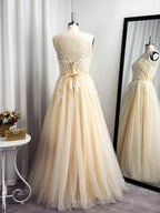 A Line Spaghetti Straps Appliques Lace Floor Length Tulle Dresses