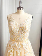 A Line Spaghetti Straps Appliques Lace Floor Length Tulle Dresses