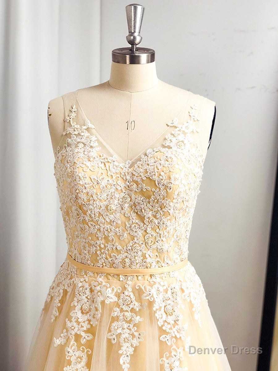 A Line Spaghetti Straps Appliques Lace Floor Length Tulle Dresses