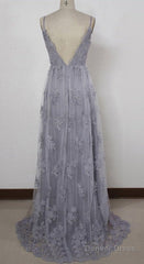 A Line Spaghetti Straps Backless Gray Lace Prom Dresses, Gray Backless Formal Dresses, Backless Lace Evening Dresses