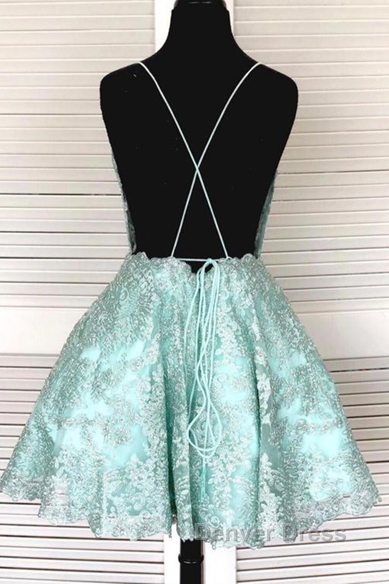 A Line Spaghetti Straps Backless Mint Green Lace Short Prom Dress, Backless Mint Green Lace Prom Graduation Homecoming Dresses Secondary image