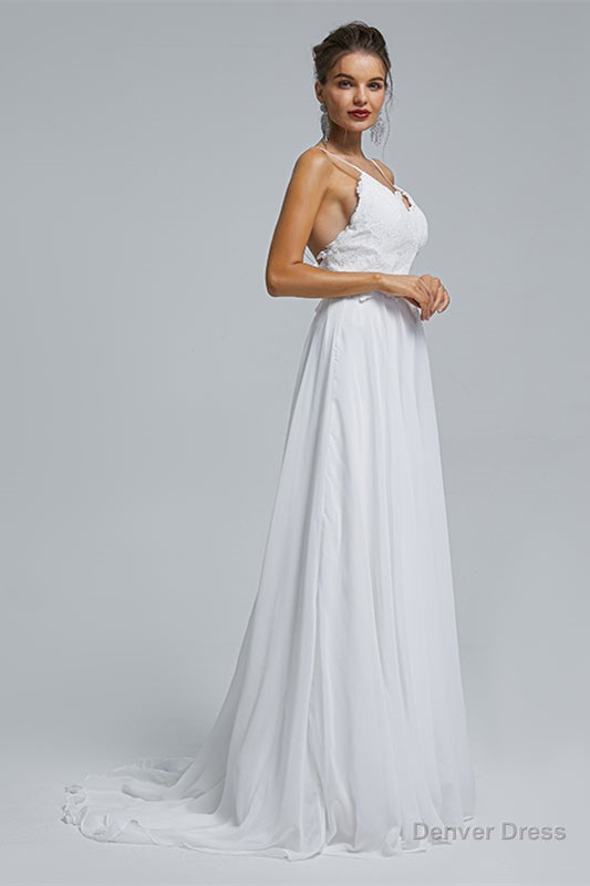 A Line Spaghetti Straps Beach Lace Wedding Dresses
