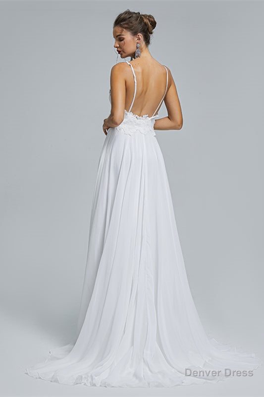 A Line Spaghetti Straps Beach Lace Wedding Dresses